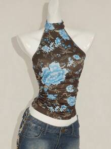 SHEIN ICON Y2K 夏季外出波西米亚西部乡村音乐会女式性感露背花卉印花挂脖上衣，夏季 - 棕色 - 查看 3