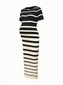 SHEIN Maternity Striped Round Neck Short Sleeve Fitted Knit Dress - Multicolor - View 3