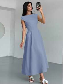 Firerie 女士优雅日常时尚新款度假短袖收腰A字中长连衣裙，黄色 - 藍色 - 查看 7