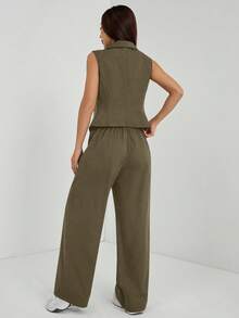 SHEIN PETITE Setelan Musim Gugur Dua Potong 2pcs/Set Wanita Atasan Tanpa Lengan dan Celana Warna Polos, Pakaian Musim Gugur untuk Wanita Bertubuh Mungil - Hijau Tentara - View 2