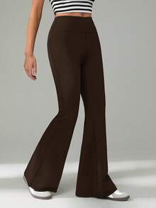 SHEIN Tall 女式休闲纯色高腰喇叭裤 - 棕色 - 查看 7