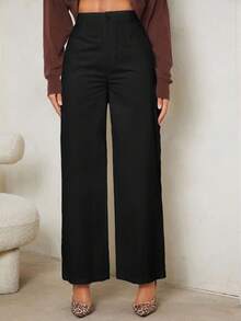 SHEIN Tall Women's Casual High Waist Wide Leg Pants, Solid Color Black Pants,Fall, Tall Women - Black - View 4