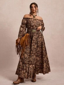 Freevana Váy dài tay trễ vai in họa tiết cổ điển cỡ lớn - Nhiều màu - Xem 5