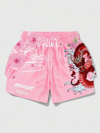 Anime Men's Letter & Floral Dragon Print Casual Loose Fit Boxing Shorts