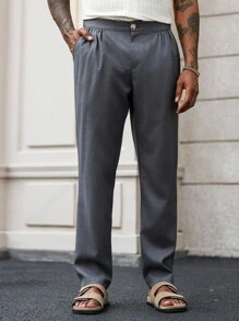 Manfinity Homme بنطلون رجالي أنيق بتجاعيد وجيب لون أحادي فضفاض كاجوال، بنطلون رسمي رمادي للرجال، بنطلون بتجاعيد بدلة رجالي، بنطلون رسمي للرجال - رمادي - مشاهدة 1