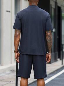 Manfinity Homme Men's Solid Color Lapel NeckShort Sleeve Shirt And Shorts Casual Suit - Apricot - View 2