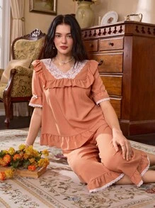 French Elegant Lace Patchwork Romantic Women Pajama Set - Orange - View 5