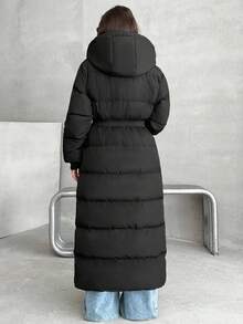 EURMUSE Women Hooded Belt Detailed Padded Long Winter Coat