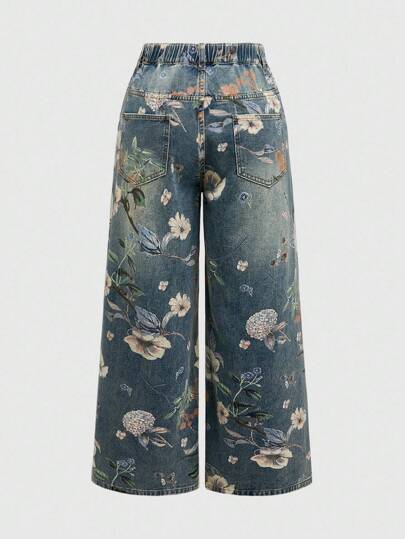 Fairycore Vintage Floral Print Washed Plus Size Women Loose Wide Leg Jeans