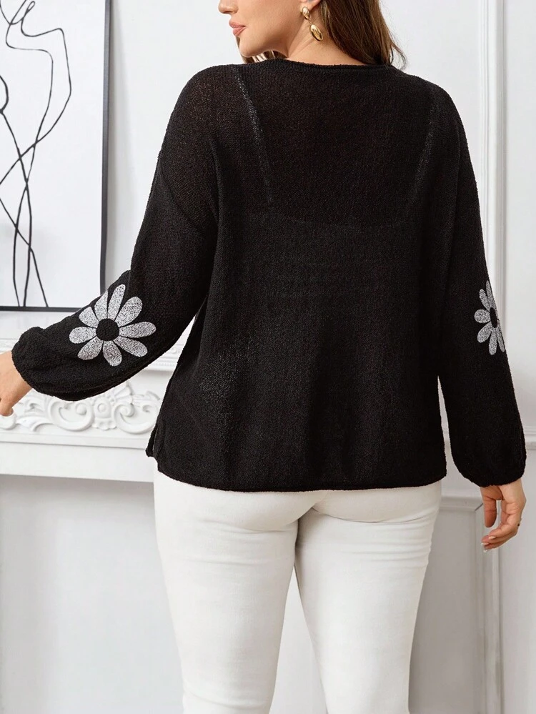 Plus Size Women's Floral Casual Thin See-Through Long-Sleeved Sweater Spring And Autumn,Fall Women's Clothes
