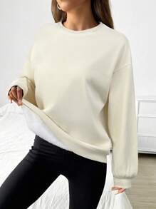 SHEIN EZwear Áo nỉ dệt kim màu mơ giản dị có vai trễ và chi tiết dệt kim sườn cho phong cách hàng ngày Áo chui đầu dành cho nữ Áo nỉ màu kem vào mùa thu/đông - Màu be - Xem 5