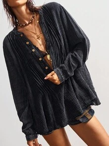 Bohemela 女士复古休闲波西米亚风黑色纯色圆领半开襟宽松长袖水洗宽松衬衫，复古西部乡村风格，适合音乐会、度假、外出、返校等场合，秋冬季穿着。 - 黑色 - 查看 7