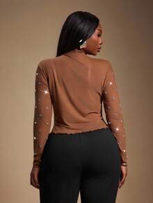 Radiana 女士立领插肩袖修身水钻网纱透视衬衫 - 棕色 - 查看 11