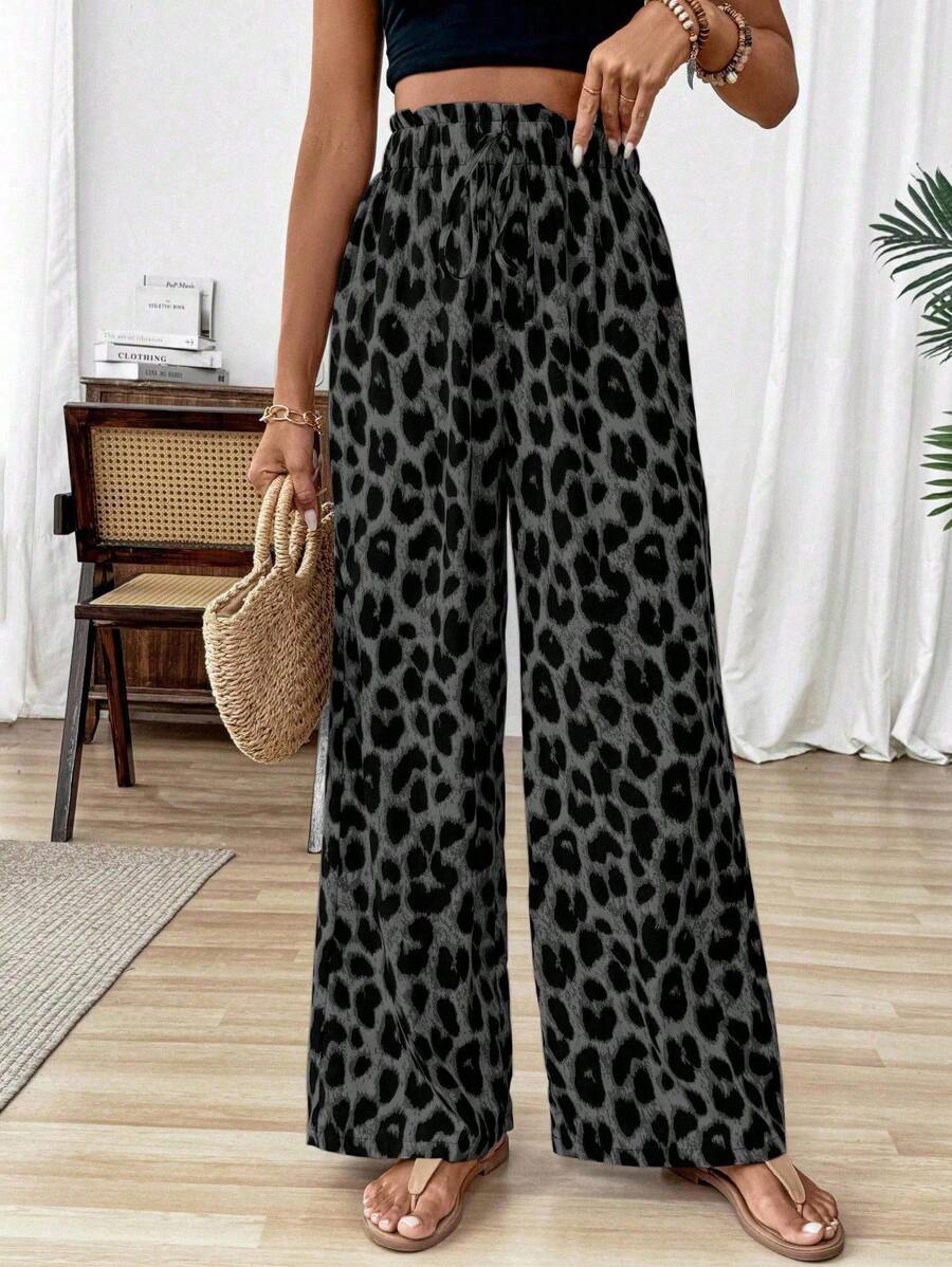 SHEIN Tall Women's Fashion Casual Everyday Tie-Waist Leopard Print Wide Leg Pants Casual Outfits Spring Fall Cloth For Women