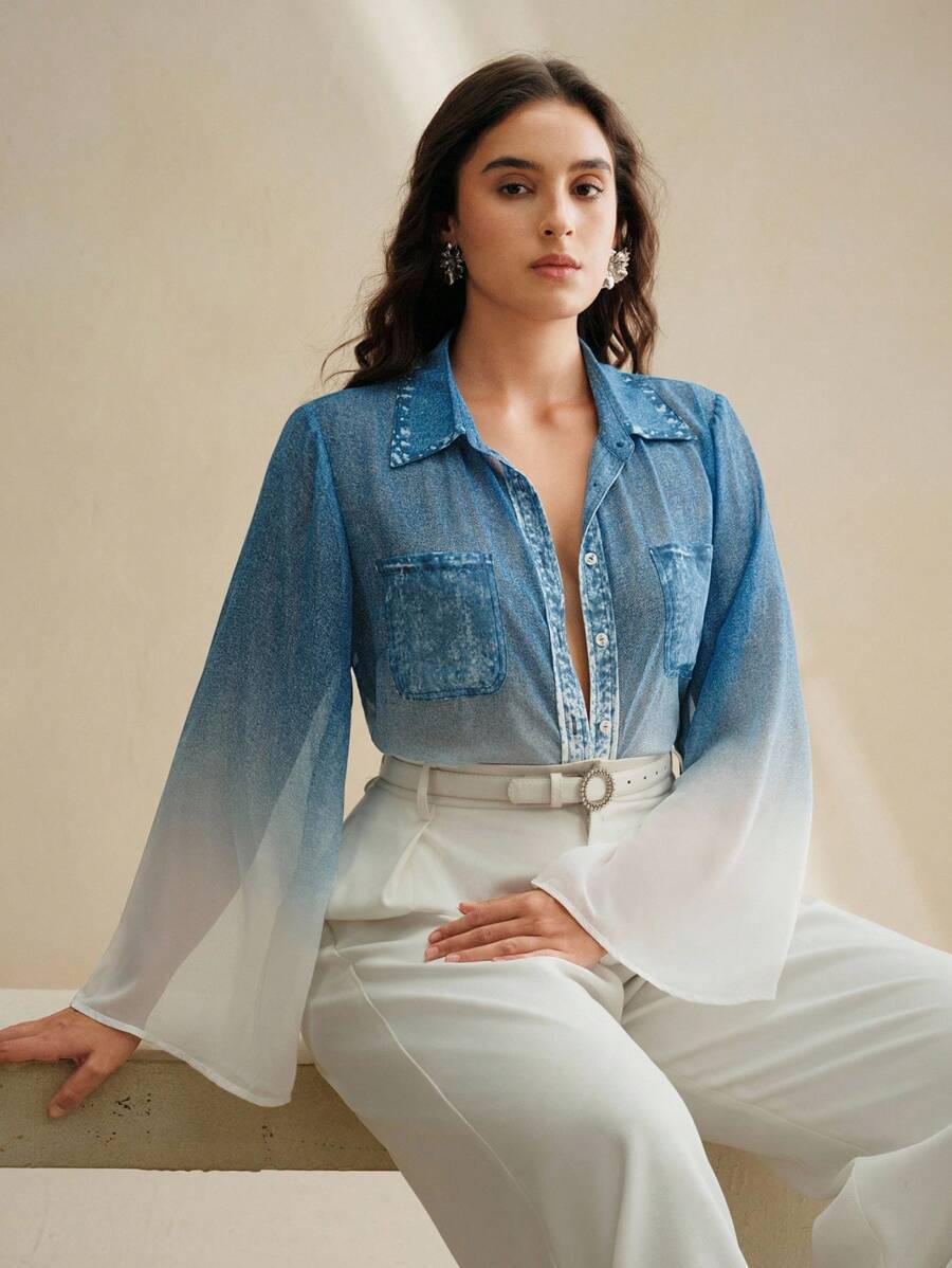 Anewsta 女士长袖渐变蓝色雪纺衬衫，优雅时尚 - 藍色 - 查看 1