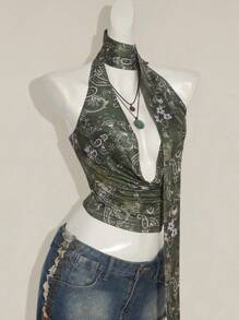 SHEIN ICON Y2k V 领西部女式波西米亚海滩女式嬉皮夏季外出复古佩斯利印花女式全身花卉印花垂坠性感吊带背心，夏季度假休闲 - 綠色 - 查看 5