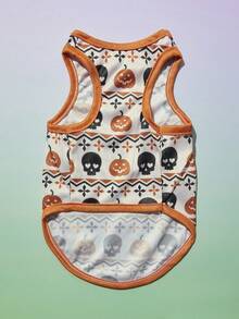 PETSIN 1pc Pet Cat & Dog Sleeveless Vest With Pumpkin & Skull Isle Print, Breathable & Lightweight, Apricot - Multicolor - View 2