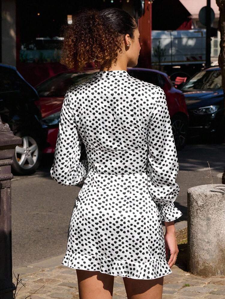 Polka Dot Satin Co-Ord Set With Tie-Neck Top And Ruffled Mini Skirt Teacher Outfits Business Casual Outfits Going Out Outfits Wedding Guest Dress Spring Summer French Style Parisian Style