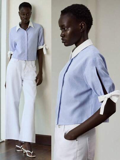 Lumivelle 女士夏季法式简约通勤蝴蝶装饰翻领条纹撞色蓝条纹短款衬衫