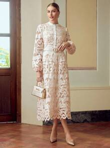 ZEYLAH 女式立领灯笼袖优雅3D花卉刺绣连衣裙