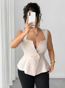 Elenzga Áo khoác cardigan cổ thấp hai hàng khuy trơn màu cỡ lớn dành cho nữ, kiểu áo cánh thanh lịch và duyên dáng - Màu be - Xem 8