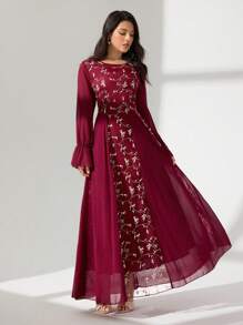 Modelyn Váy xòe tay dài bằng vải chiffon thêu lưới chắp vá dành cho nữ - Màu Đỏ Sâu - Xem 5