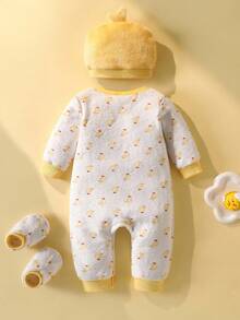 SHEIN 3pcs/Set Baby Boy Spring Outfit: Long Sleeve Cute Duck Print Jumpsuit + Hat + Socks Fall Winter - Yellow - View 3