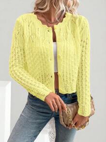SHEIN PETITE Women's Round Neck Hollow Front Button Cardigan, Autumn/Winter Knitted Casual Spring Fall Cardigan - Yellow - View 4