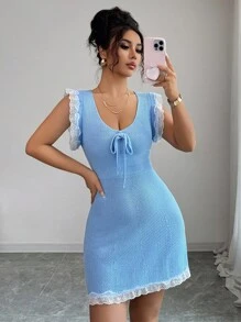 Selianne Cap Sleeve Round Neck Waist Cinched A-Line Colorblock Elegant Romantic Knit Sweater Dress For Women - Baby Blue - View 3