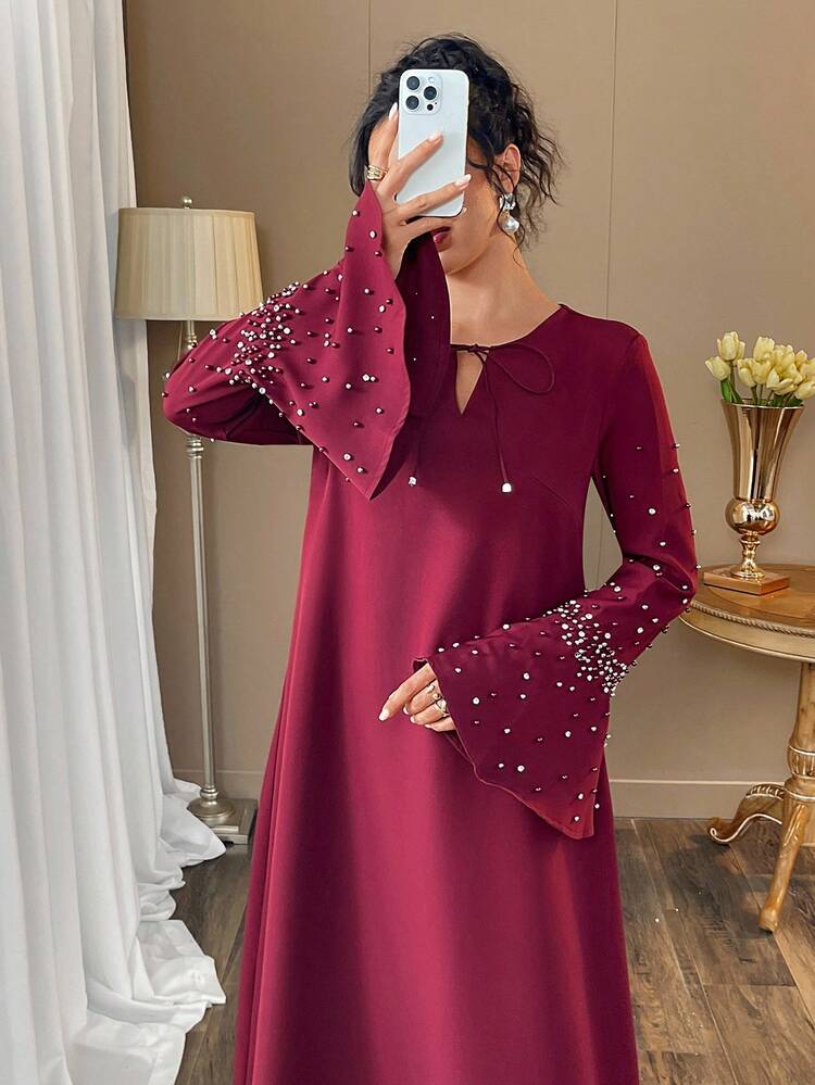 SHEIN Najma 优雅复古奢华串珠宽松舒适时尚年轻通勤连衣裙 - 酒紅色 - 查看 4