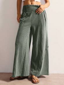 Bohemela Quần ống rộng dệt kim màu trơn đơn giản cho nữ đã giặt - xanh quân đội - Xem 6