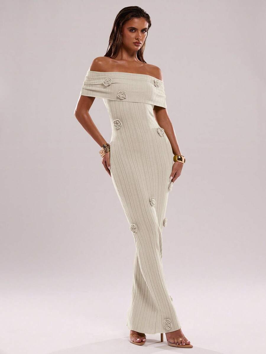 SHEIN BAE 1 chiếc váy hở vai họa tiết hoa 3D bán trong suốt gợi cảm dành cho nữ - Màu be - Xem 1