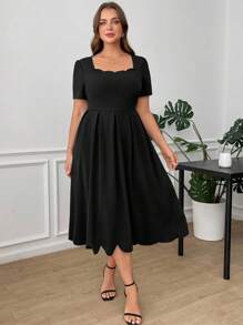 Ellevyn 加大码优雅女士连衣裙，方领，贝壳边，纯色 - 黑色 - 查看 5