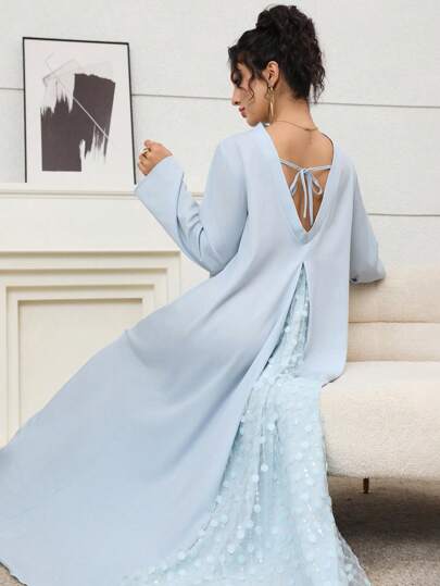 Yasmyna Women's Solid Color Back Floral Decor Stand Collar Long Sleeve Elegant Arabic Maxi Dress   Fall Clothes For Women  Old Money Style Women National Day Kaftan Jalabiya Dress