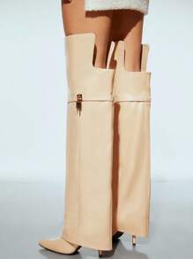 SHUZIA Women Fashion Comfortable Folded Over Over-Knee Heeled Boots With Lock Decor - Beige - View 2