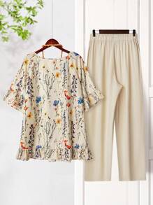 Rusticease 2 件加大码套装：复古花卉印花荷叶边衬衫和卡其裤，休闲乡村风格春夏季度假两件套度假服装女士乡村音乐会服装乡村服装女士度假两件套 - 彩色 - 查看 2