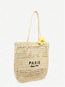 ROMWE Fairycore Women's Floral Hair Clip, Embroidered Letter Straw Tote Bag, Large Capacity Beach Bag, Suitable For Vacation And Shopping