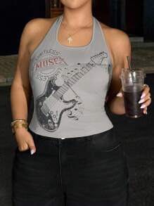 Dripcurv 大码女式吉他印花露背背心 - 駝色 - 查看 3