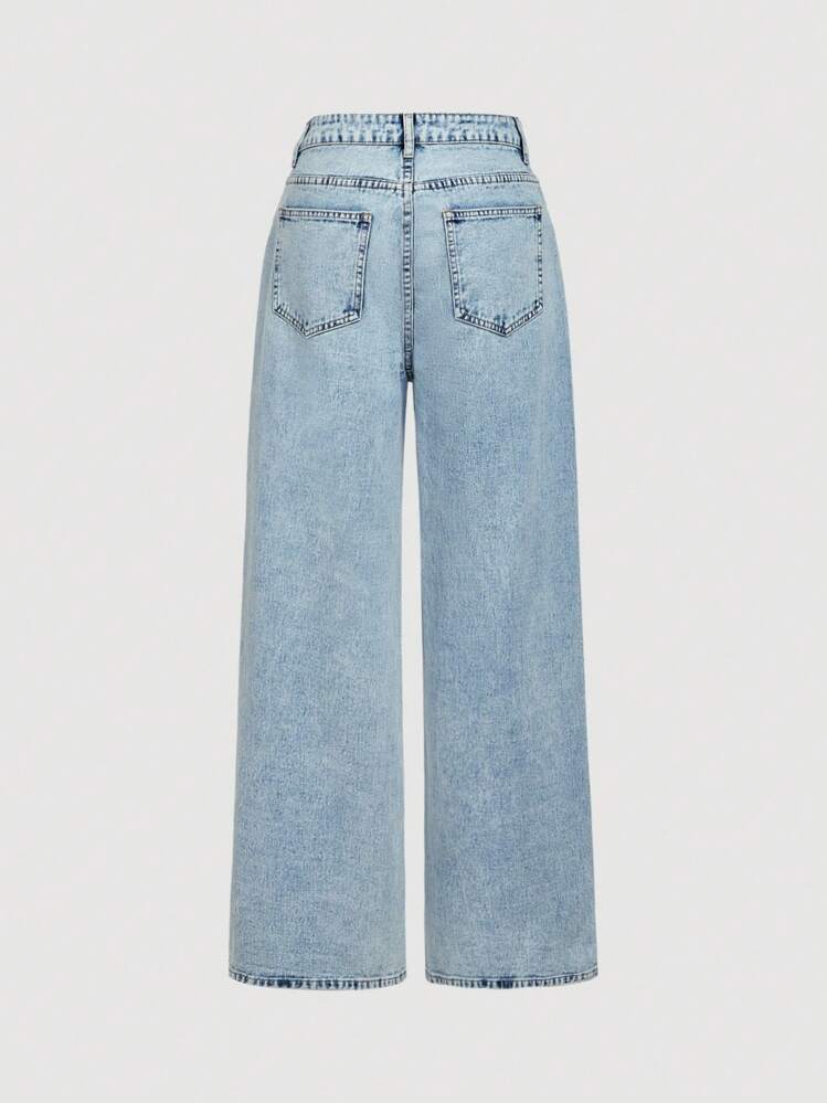 SHEIN MOD 女式休闲水洗樱桃印花阔腿牛仔裤，樱桃印花宽松牛仔裤，可爱的夏季牛仔裤，度假装，可爱的樱桃刺绣舒适松紧腰带夏季阔腿裤，带口袋，曲线加大，波西米亚风度假，秋季女装 - 淺色水洗藍 - 查看 2