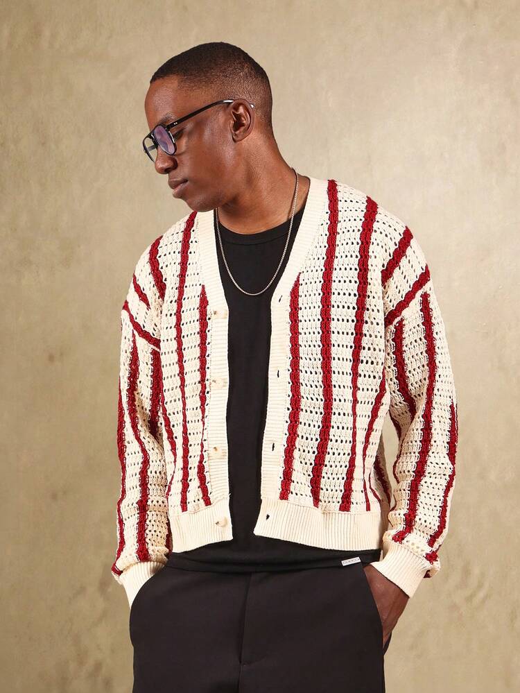 Cardigan en maille ajourée à rayures verticales rouges