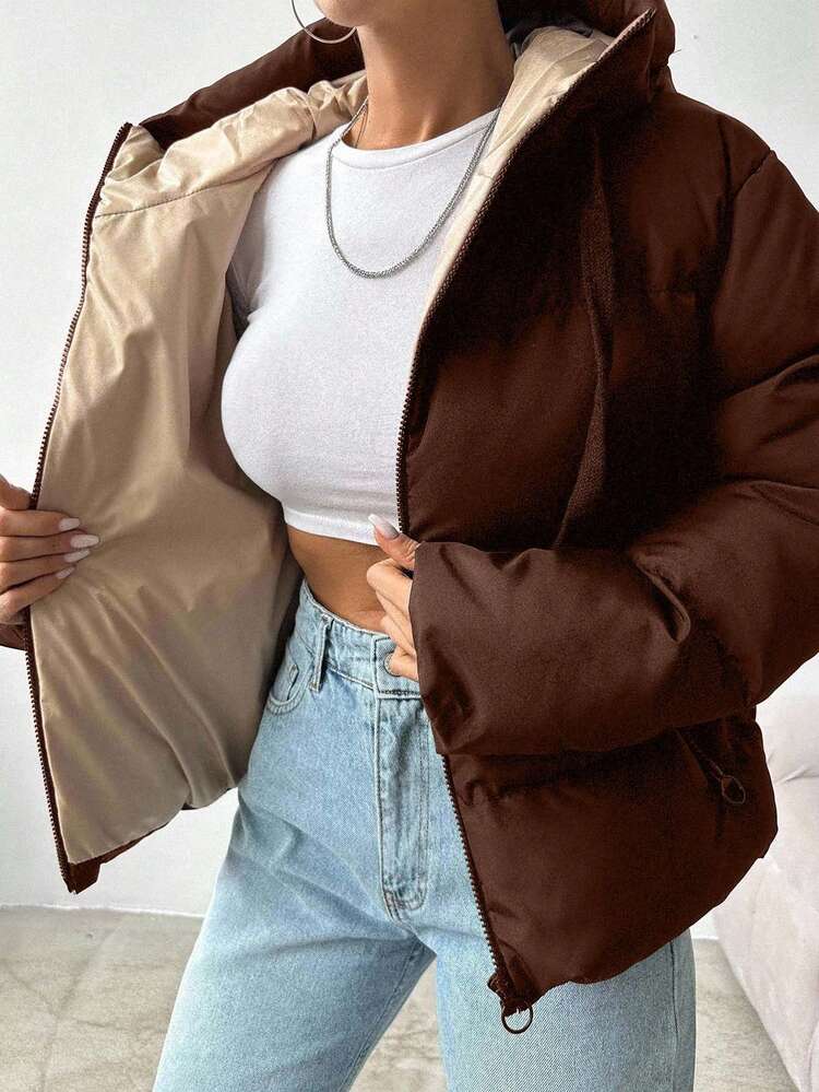 EURMUSE Áo khoác mùa đông có mũ trùm đầu, dây rút, chần bông dành cho nữ - màu nâu - Xem 3