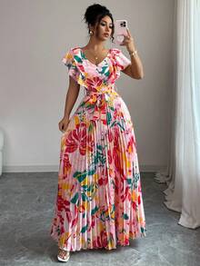Elenzga 荷叶边袖 V 领度假 A 字腰褶皱优雅浪漫女式连衣裙 - 彩色 - 查看 1