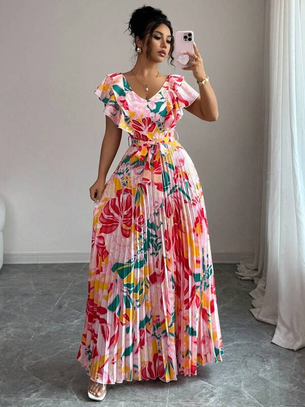 Elenzga Ruffle Sleeve V-Neck Vacation A-Line Waist Pleated Elegant Romantic Women Dress