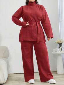 EURMUSE Solid Color Turtleneck Casual Sweater 2pcs/Set - Burgundy - View 3