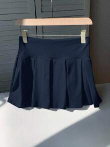 Comfortcana Women's Solid Simple Casual Knitted Cute Sports Pleated Super Skirt - Navy Blue - View 2