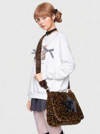 Grunge Punk Vintage Leopard Muster & Stern Plüsch Umhängetasche, lässiger Streetstyle Y2K Kontrastfarben Plüsch Handtasche für Frauen, Herbst/Winter
