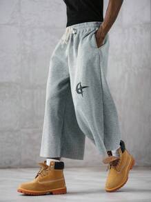 PAVTROS 男士街头风格徽章图案印花抽绳腰部宽松运动裤，适合外出休闲穿着，适合送给丈夫或男朋友的礼物，抽绳腰部，桶形设计，灰色宽松慢跑裤，适合日常休闲穿着和运动，2000 年代风格 - 淺灰色 - 查看 8