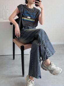 FRIFUL 女式休闲喇叭牛仔裤，带口袋和系带下摆设计 - 藍色 - 查看 1