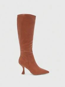 CUCCOO BIZCHIC Bottes mi-mollet à talon fin et bout pointu, de couleur unie et style minimaliste pour femmes - Tabac - Voir 2