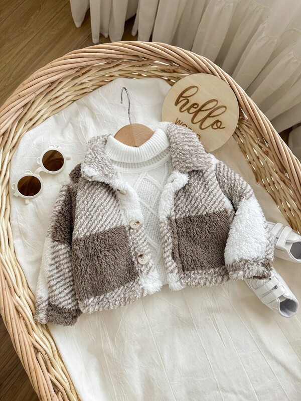Chaqueta de bebé recién nacido niño/niña a cuadros retro con forro térmico, de manga larga y solapa, cálida y suave, versátil para interior y exterior, otoño/invierno